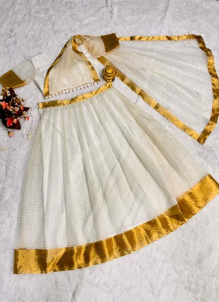Onam Special Soft Organza Chex With Golden Jacquard Work Lehenga With Blouse Online Wholesale